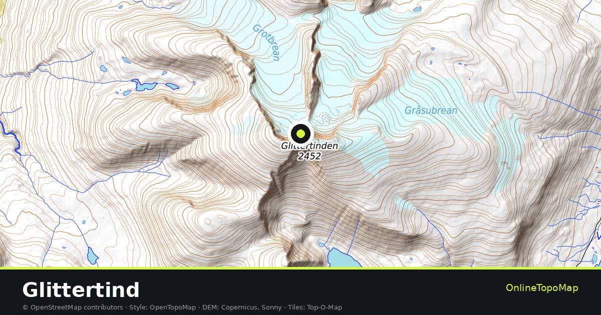 Topographic map of Glittertind with contour lines and hillshading