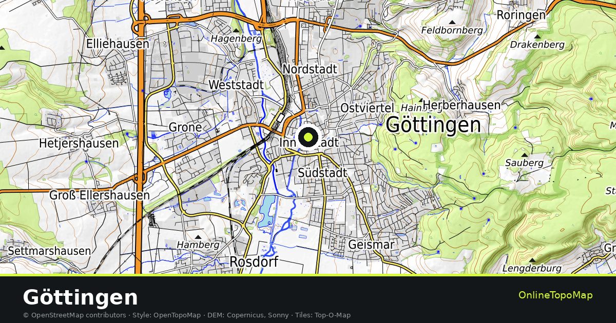 Topographic map of Göttingen with contour lines and hillshading