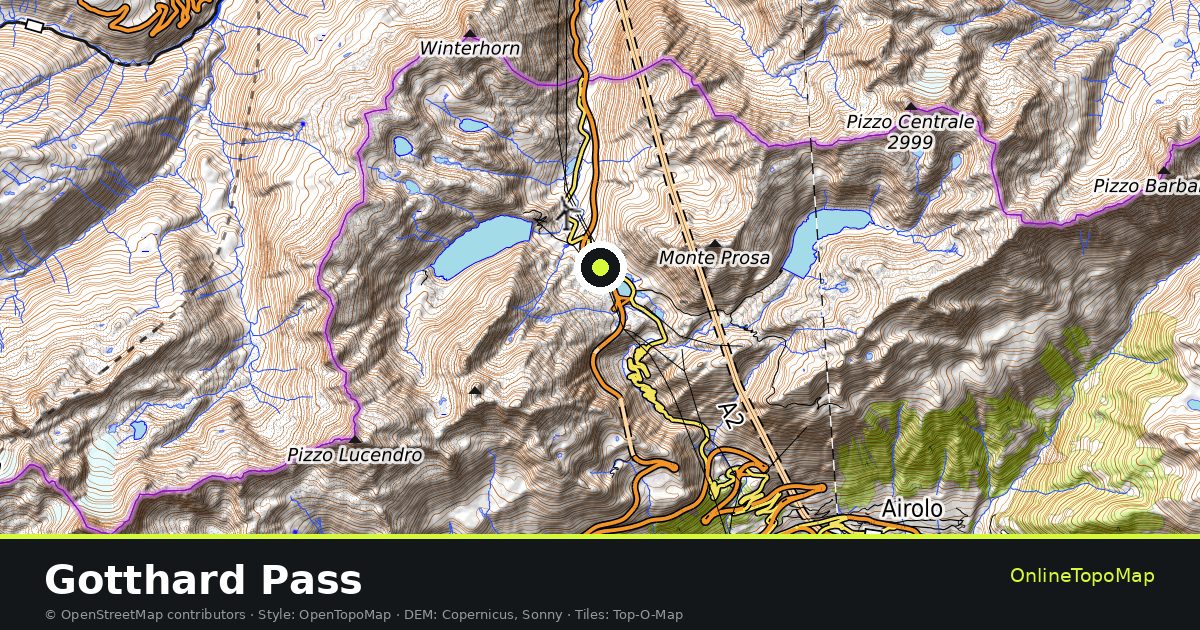 Topographic map of Gotthard Pass with contour lines and hillshading