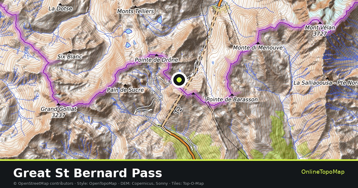 Topographic map of Great St Bernard Pass with contour lines and hillshading