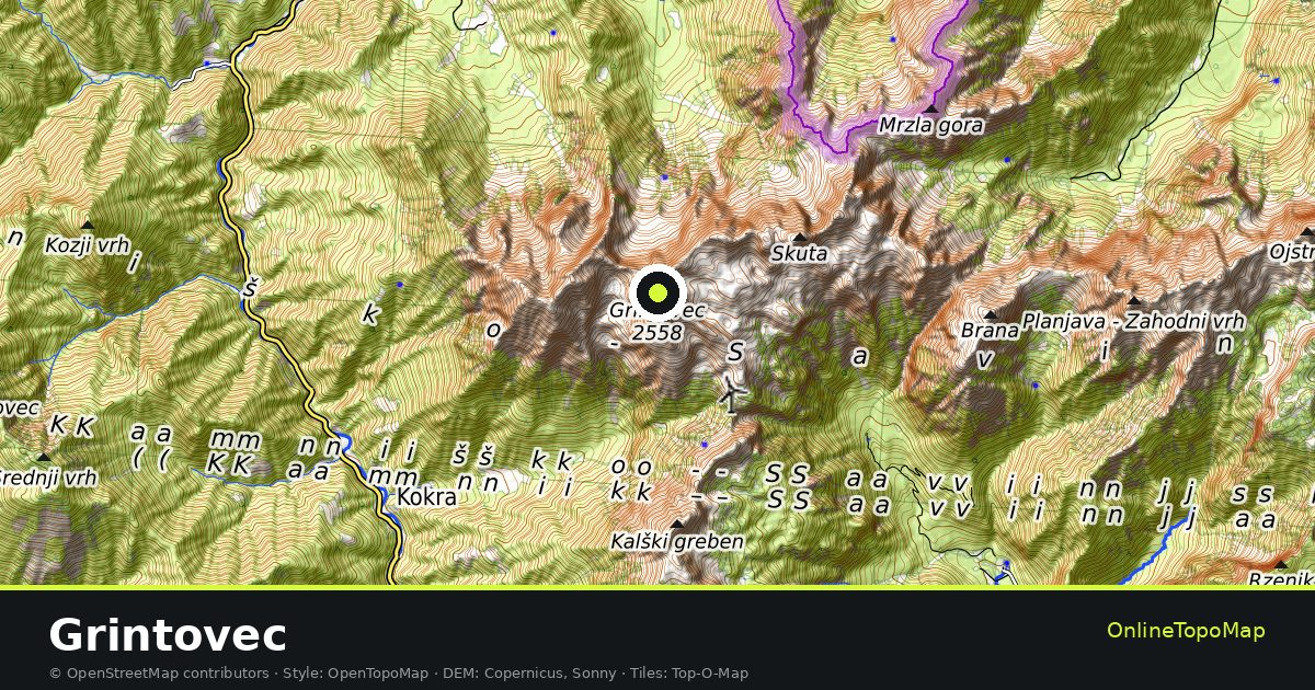 Topographic map of Grintovec with contour lines and hillshading