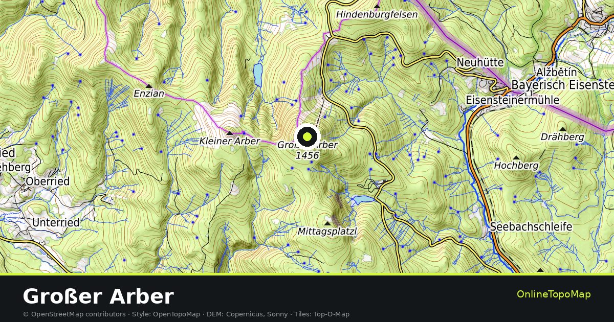 Topographic map of Großer Arber with contour lines and hillshading