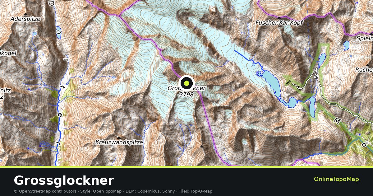 Topographic map of Grossglockner with contour lines and hillshading