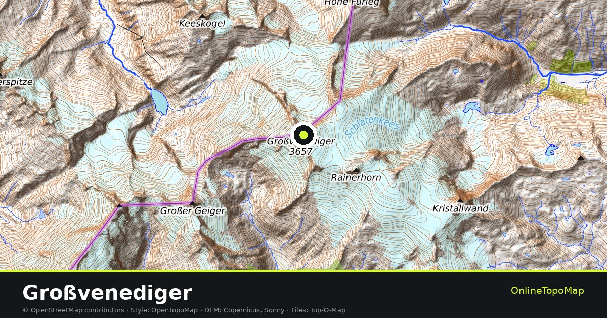 Topographic map of Großvenediger with contour lines and hillshading