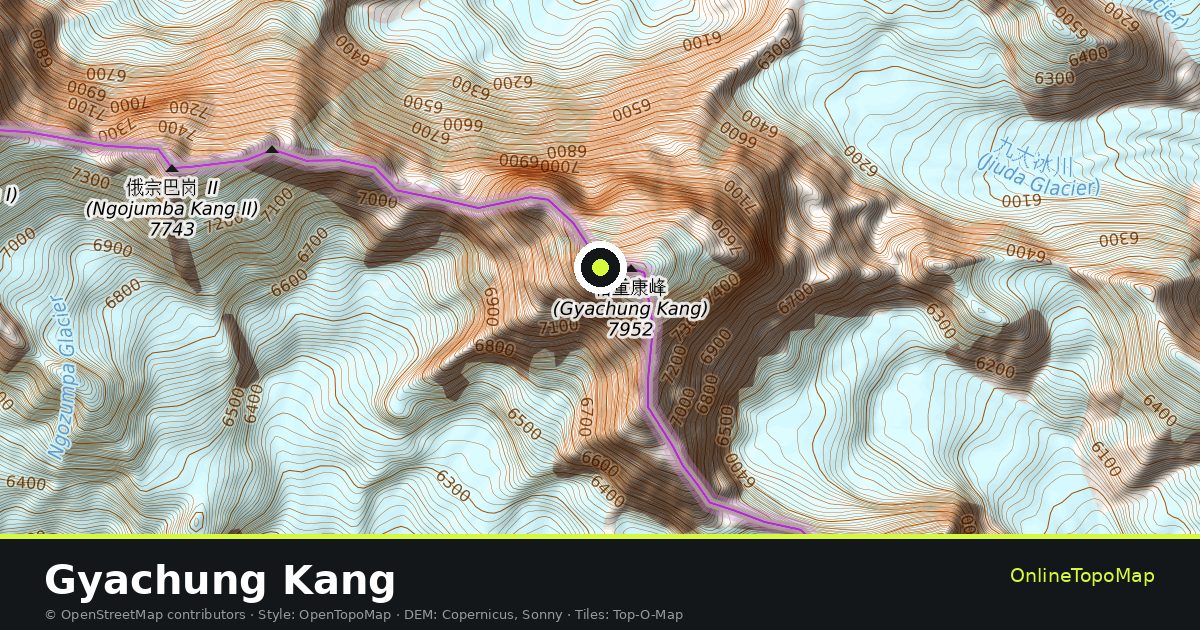Topographic map of Gyachung Kang with contour lines and hillshading