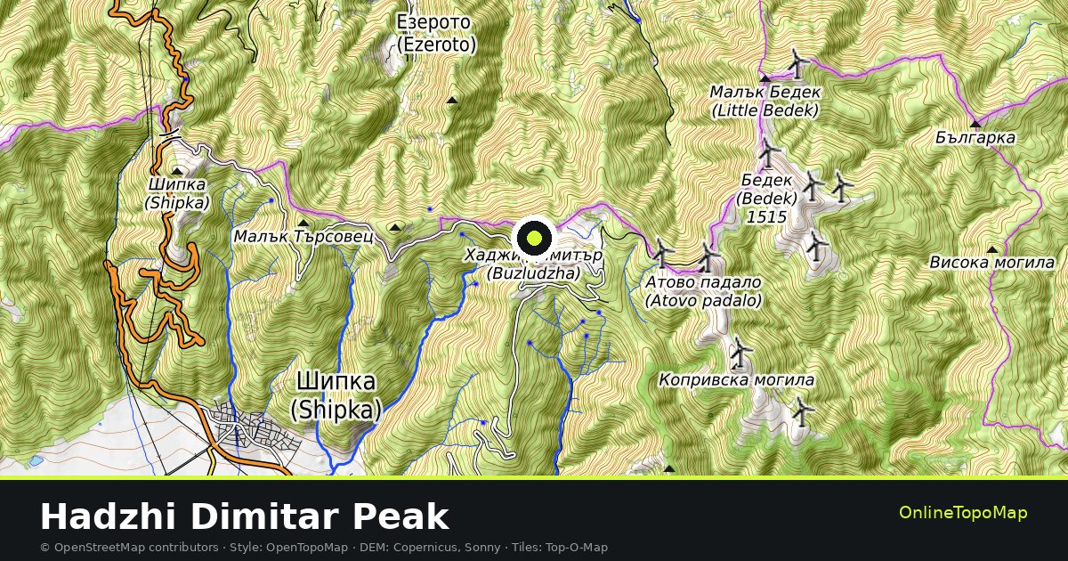 Topographic map of Hadzhi Dimitar Peak with contour lines and hillshading