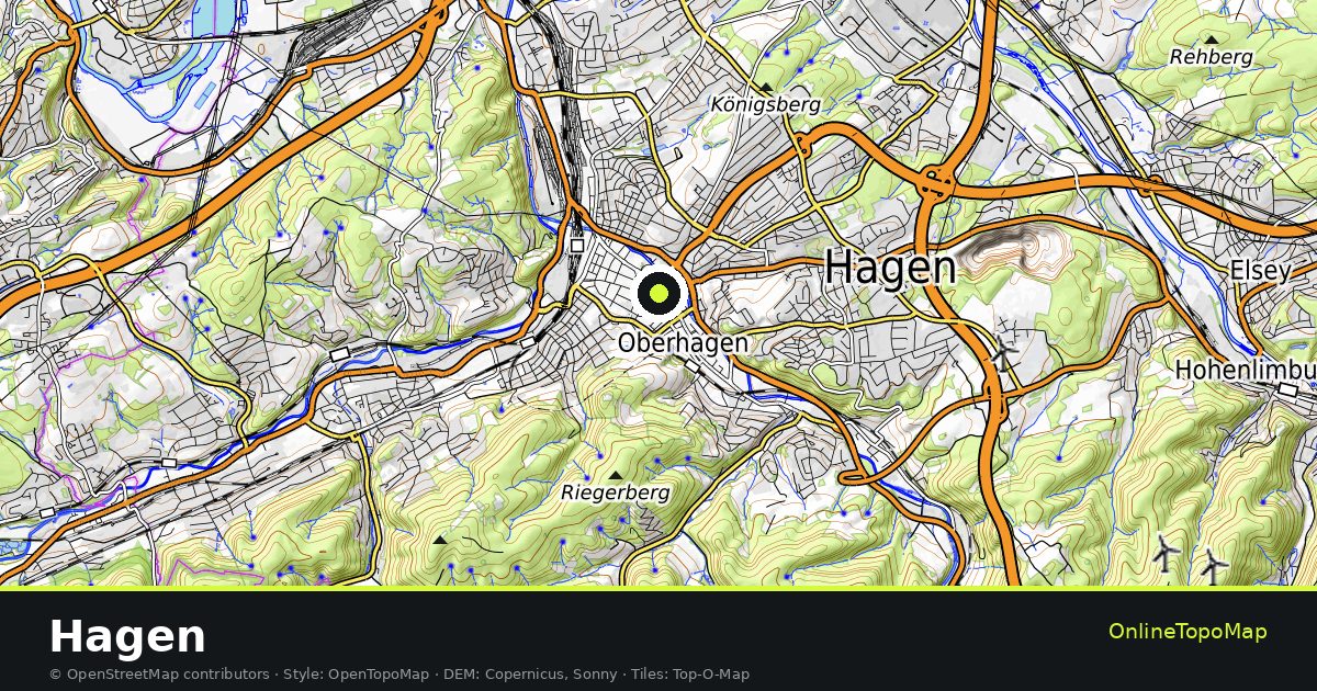 Topographic map of Hagen with contour lines and hillshading