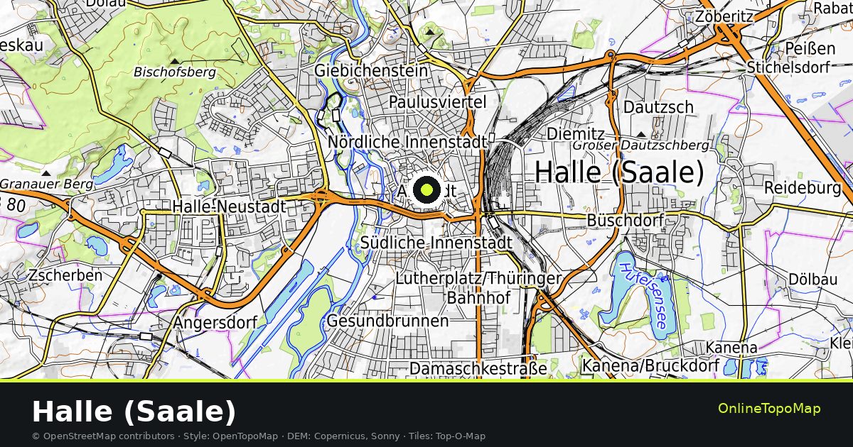Topographic map of Halle (Saale) with contour lines and hillshading