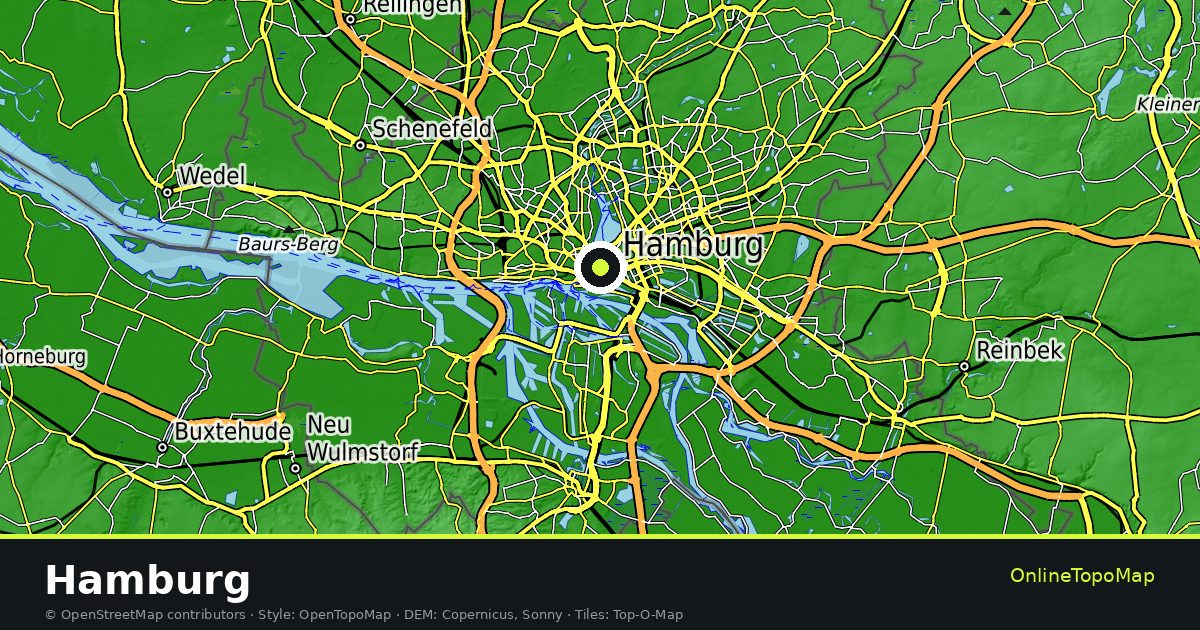 Topographic map of Hamburg with contour lines and hillshading