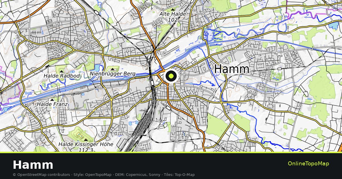 Topographic map of Hamm with contour lines and hillshading