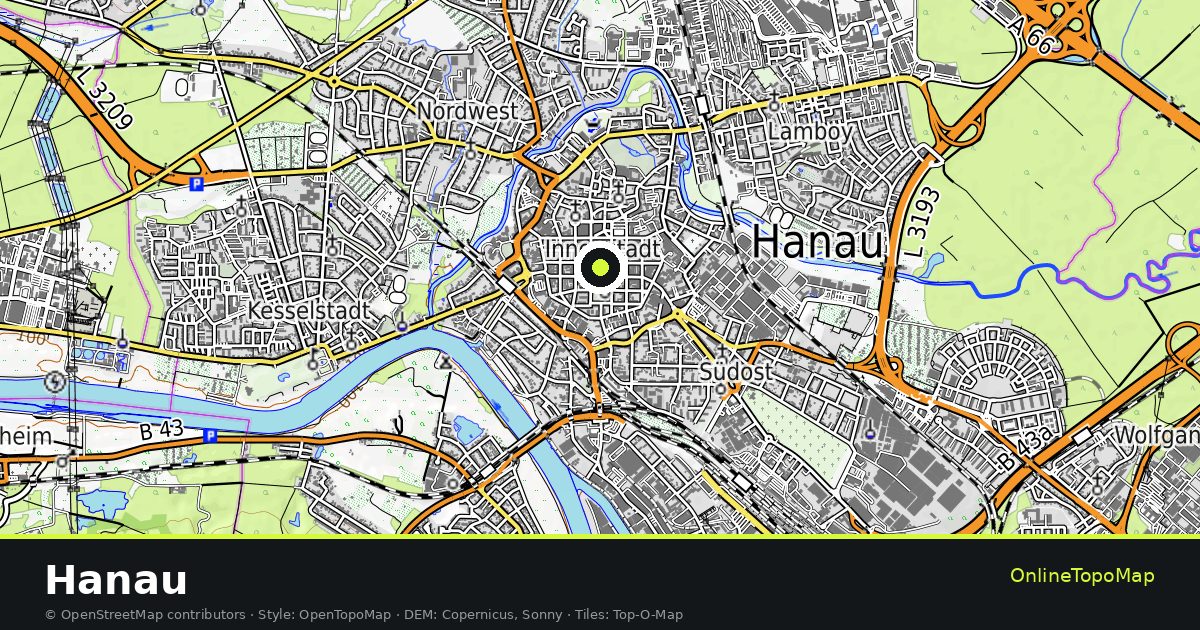 Topographic map of Hanau with contour lines and hillshading