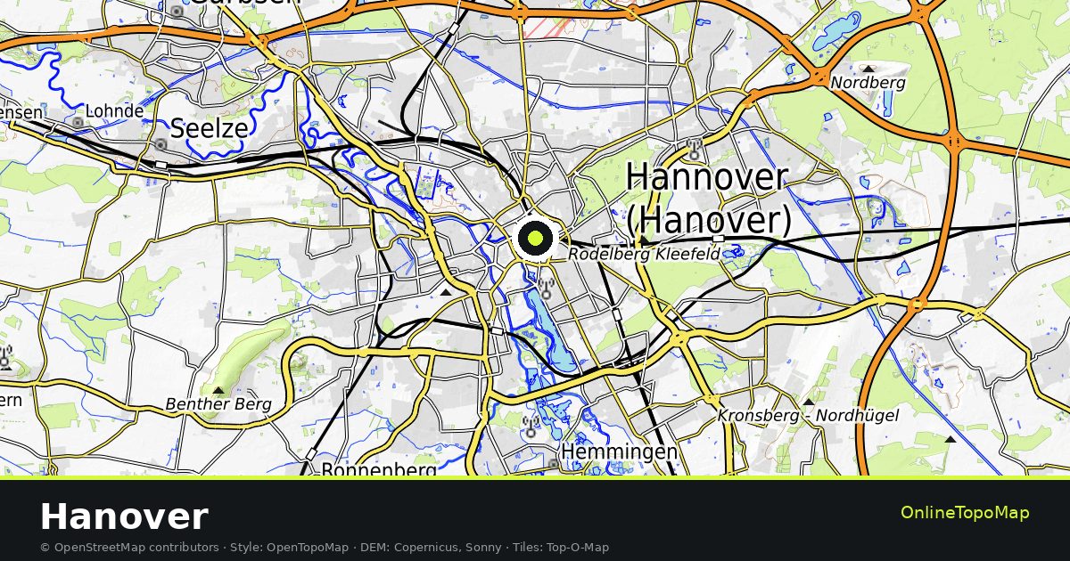 Topographic map of Hanover with contour lines and hillshading
