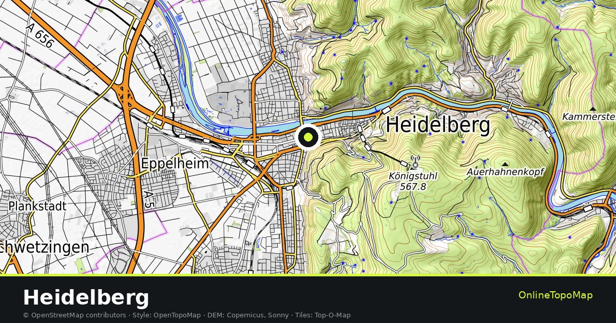 Topographic map of Heidelberg with contour lines and hillshading