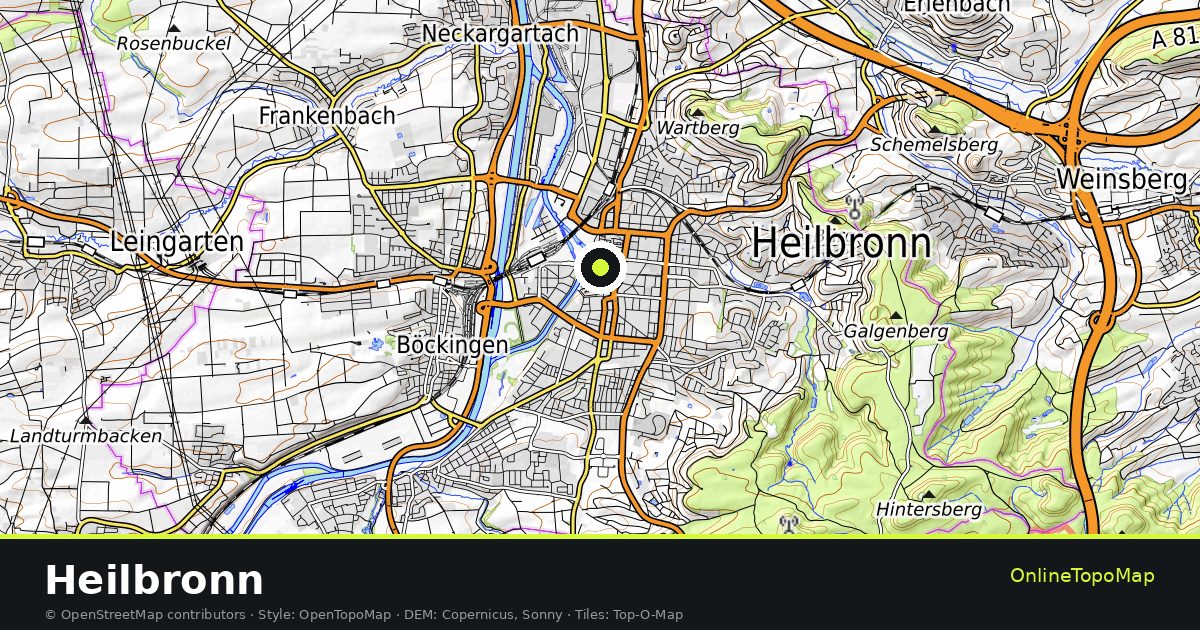 Topographic map of Heilbronn with contour lines and hillshading