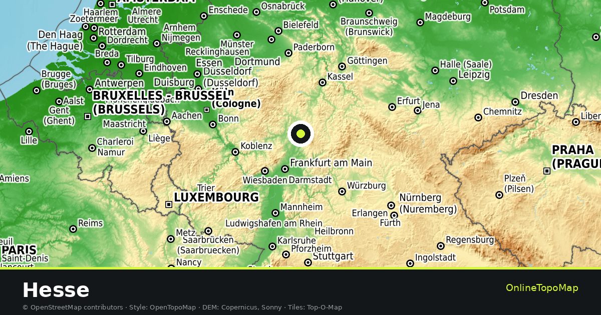 Topographic map of Hesse with contour lines and hillshading