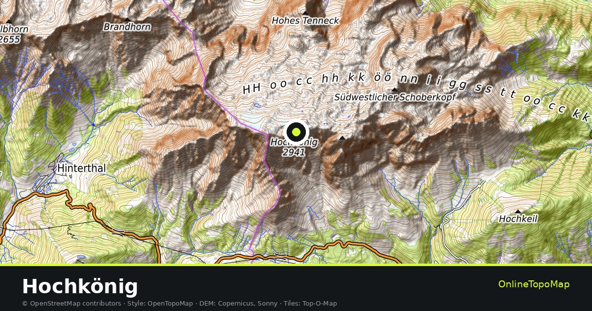 Topographic map of Hochkönig with contour lines and hillshading