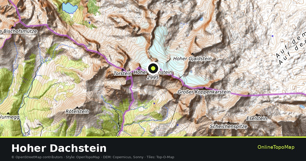Topographic map of Hoher Dachstein with contour lines and hillshading