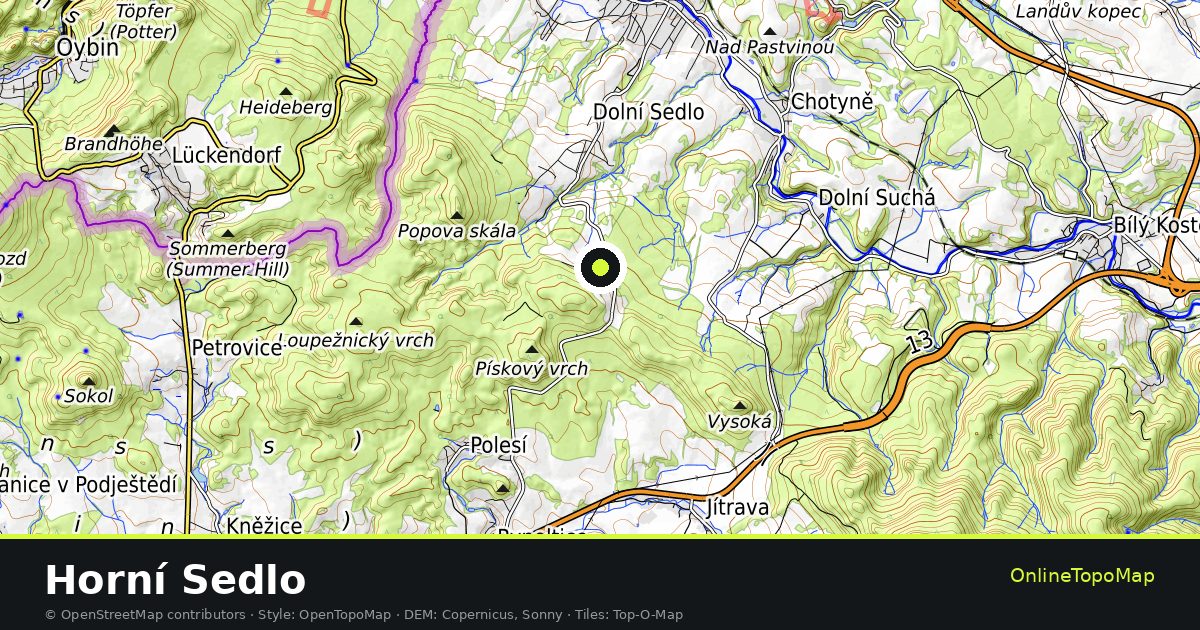 Topographic map of Horní Sedlo with contour lines and hillshading
