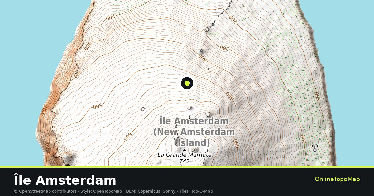 Topographic map of Île Amsterdam with contour lines and hillshading