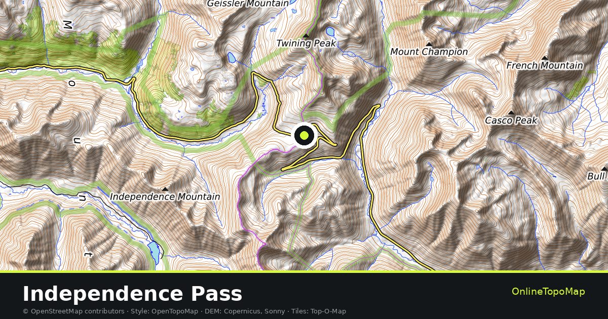 Topographic map of Independence Pass with contour lines and hillshading