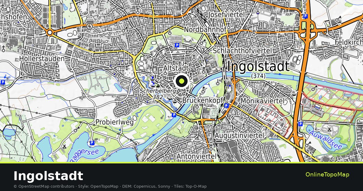Topographic map of Ingolstadt with contour lines and hillshading