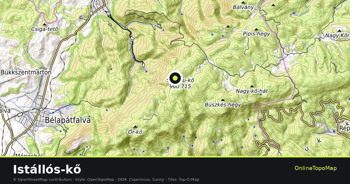 Topographic map of Istállós-kő with contour lines and hillshading