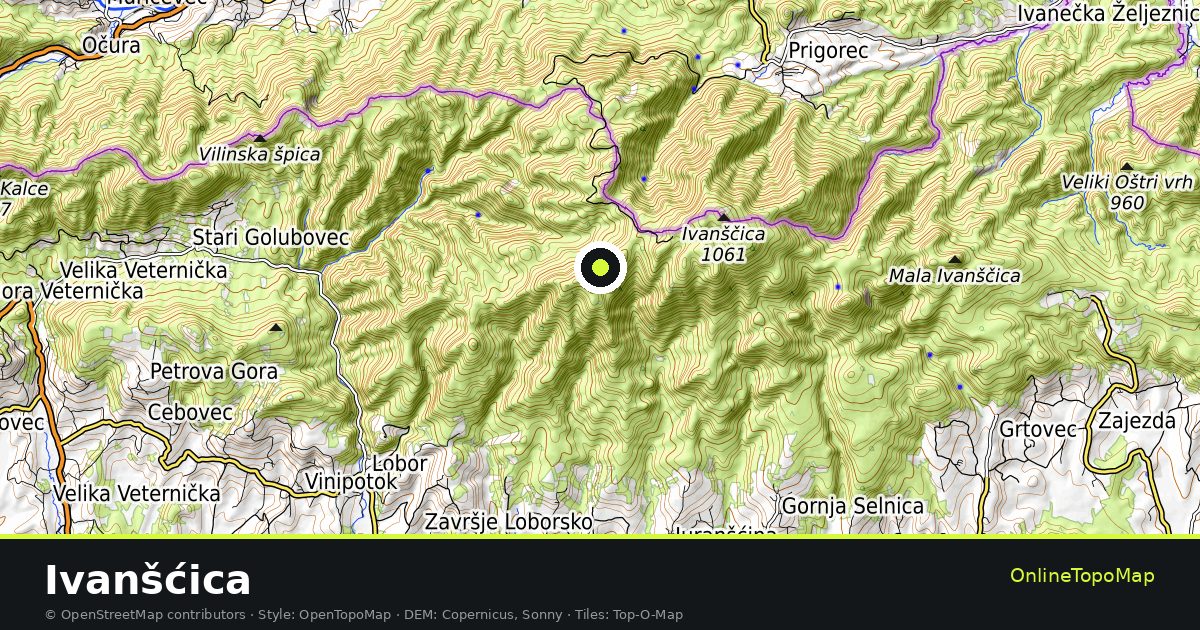 Topographic map of Ivanšćica with contour lines and hillshading