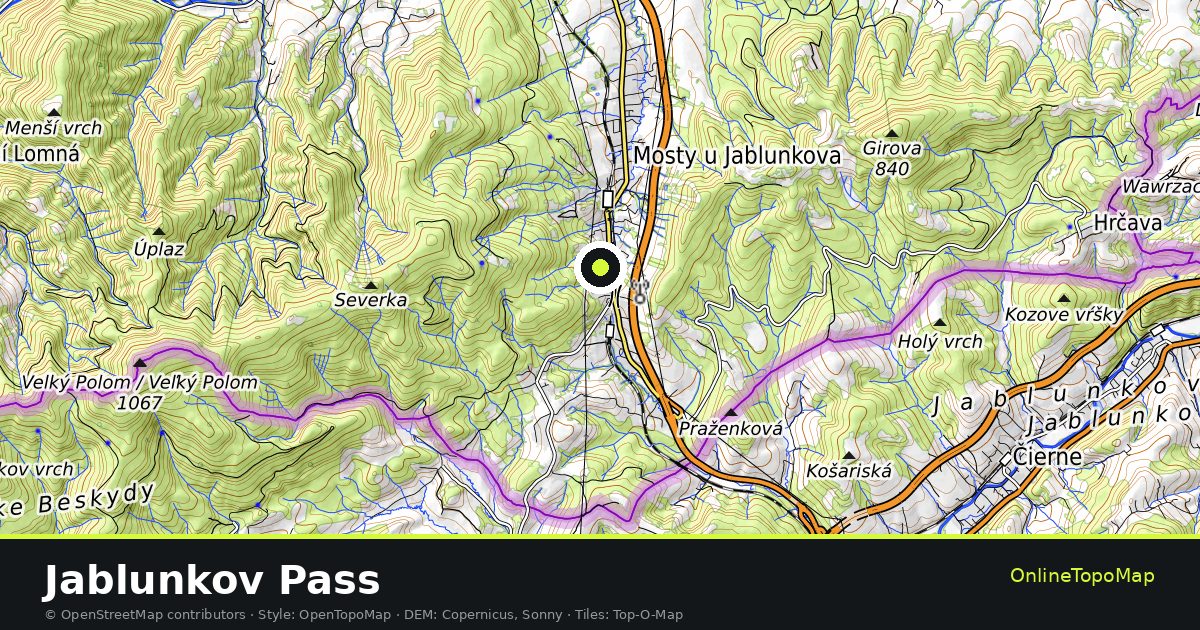 Topographic map of Jablunkov Pass with contour lines and hillshading