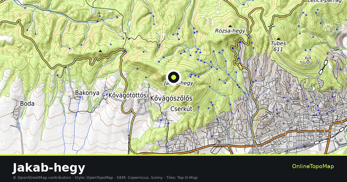 Topographic map of Jakab-hegy with contour lines and hillshading