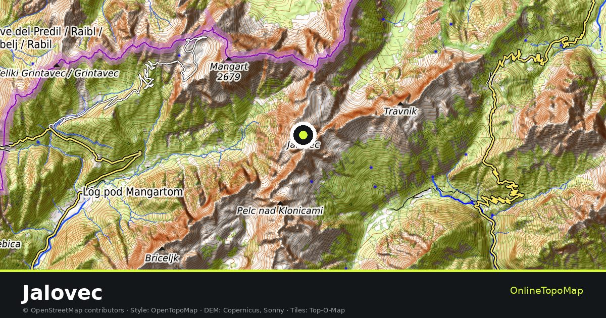 Topographic map of Jalovec with contour lines and hillshading