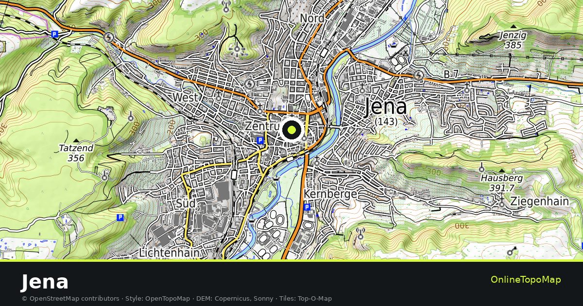 Topographic map of Jena with contour lines and hillshading