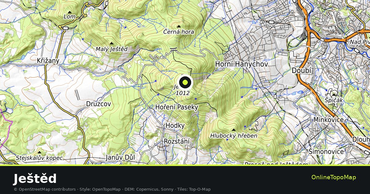 Topographic map of Ještěd with contour lines and hillshading