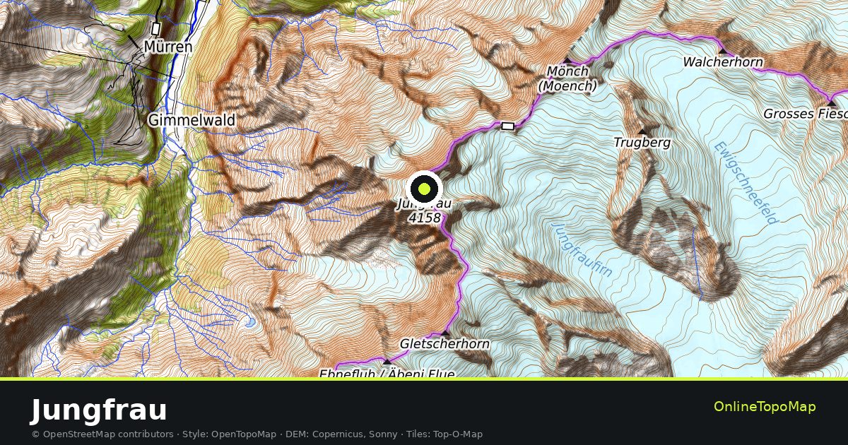 Topographic map of Jungfrau with contour lines and hillshading