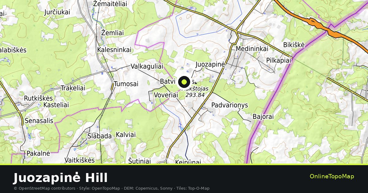 Topographic map of Juozapinė Hill with contour lines and hillshading