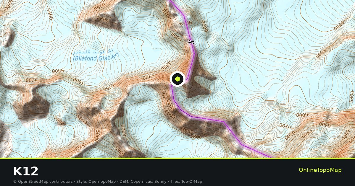 Topographic map of K12 with contour lines and hillshading
