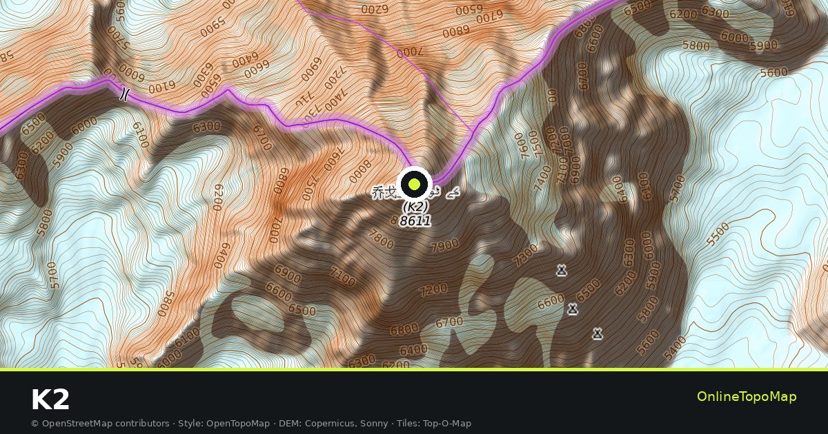 Topographic map of K2 with contour lines and hillshading
