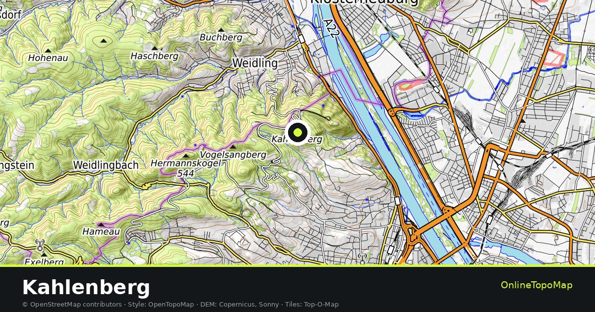 Topographic map of Kahlenberg with contour lines and hillshading