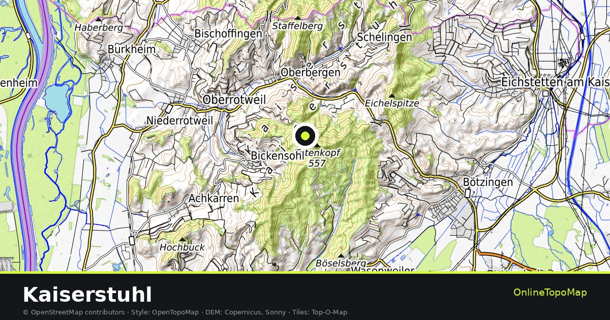 Topographic map of Kaiserstuhl with contour lines and hillshading