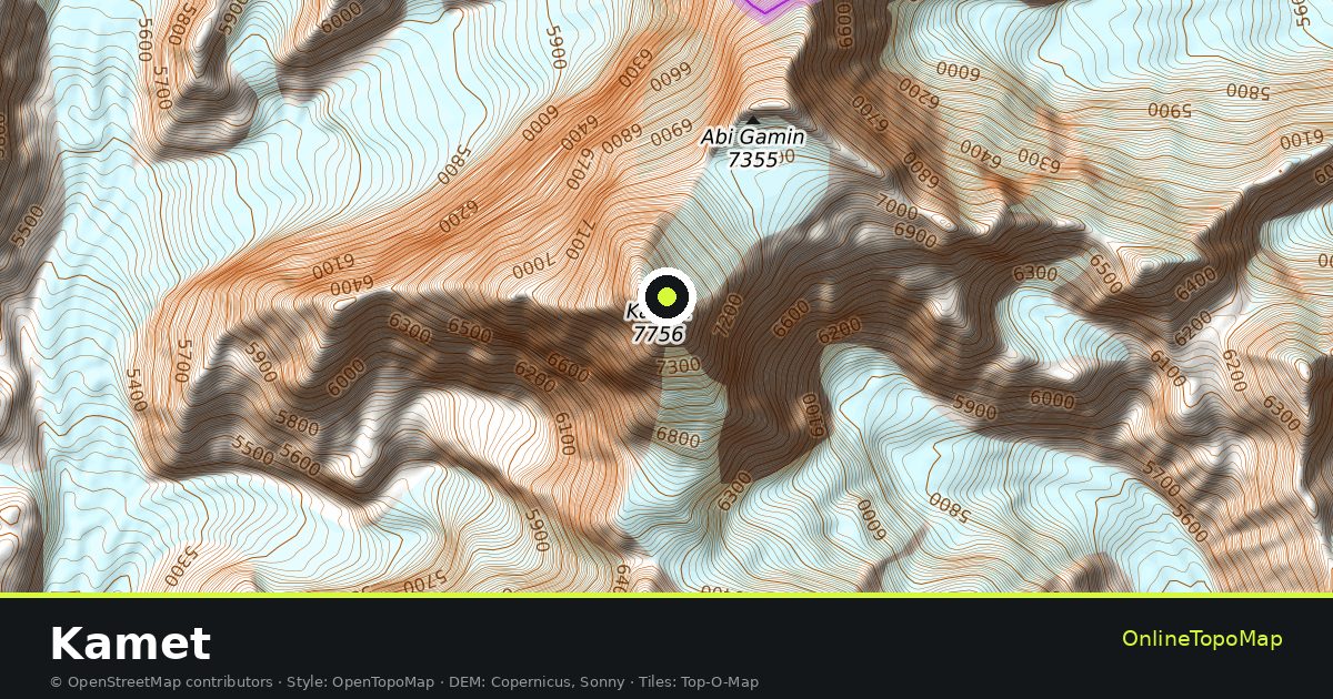 Topographic map of Kamet with contour lines and hillshading