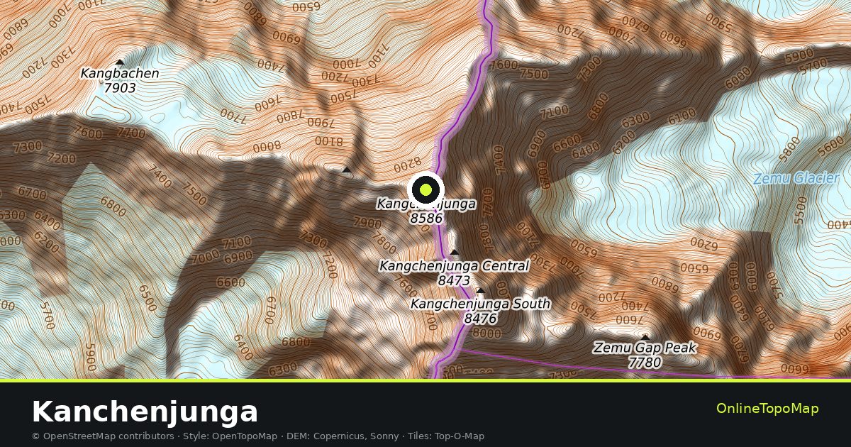 Topographic map of Kanchenjunga with contour lines and hillshading