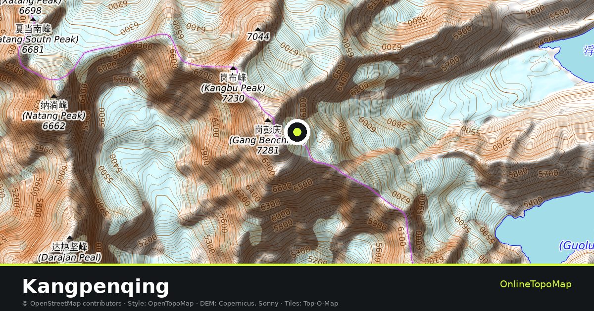Topographic map of Kangpenqing with contour lines and hillshading