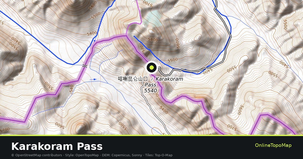 Topographic map of Karakoram Pass with contour lines and hillshading