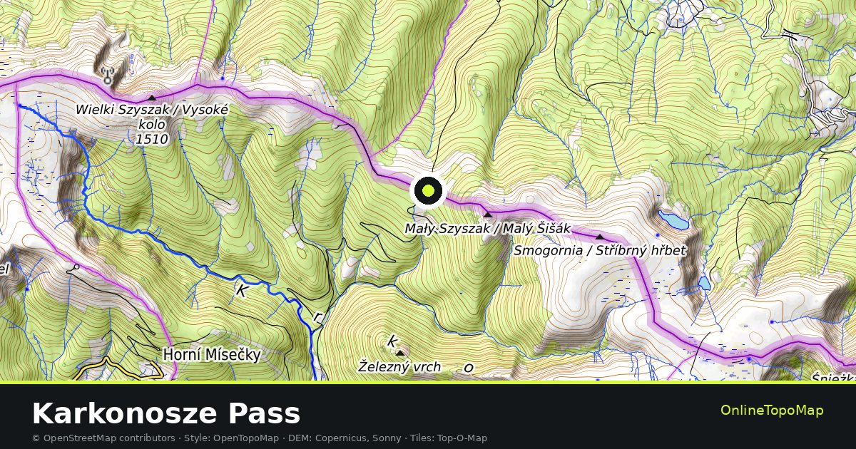 Topographic map of Karkonosze Pass with contour lines and hillshading