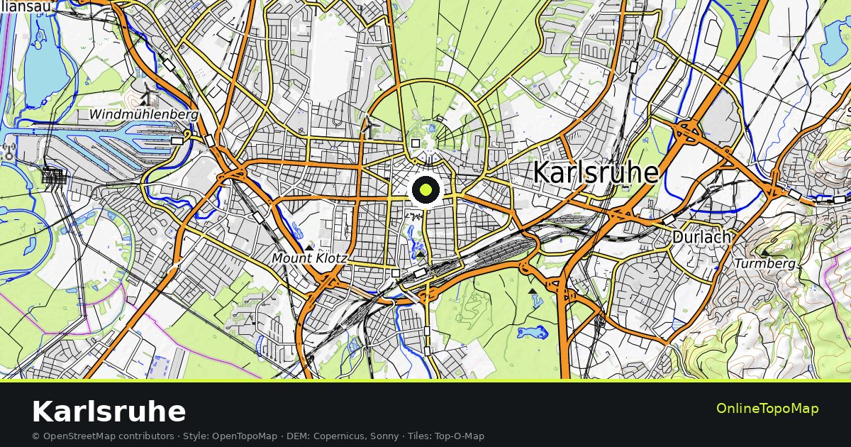 Topographic map of Karlsruhe with contour lines and hillshading
