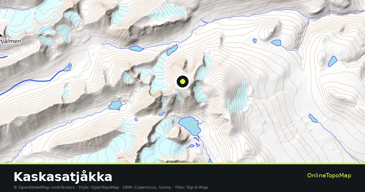 Topographic map of Kaskasatjåkka with contour lines and hillshading