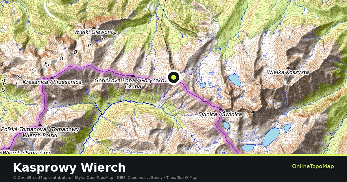 Topographic map of Kasprowy Wierch with contour lines and hillshading