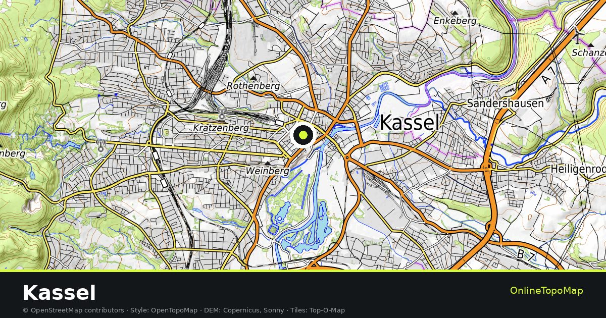 Topographic map of Kassel with contour lines and hillshading