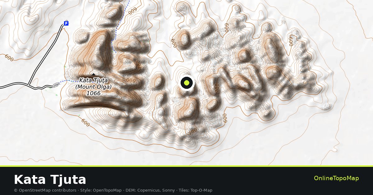 Topographic map of Kata Tjuta with contour lines and hillshading