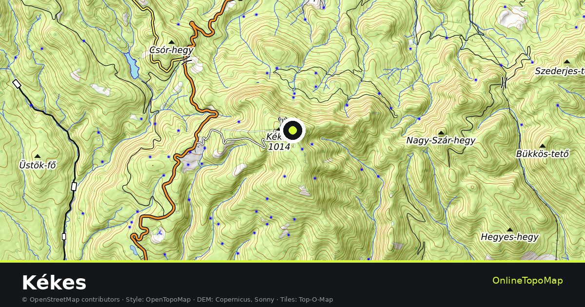 Topographic map of Kékes with contour lines and hillshading