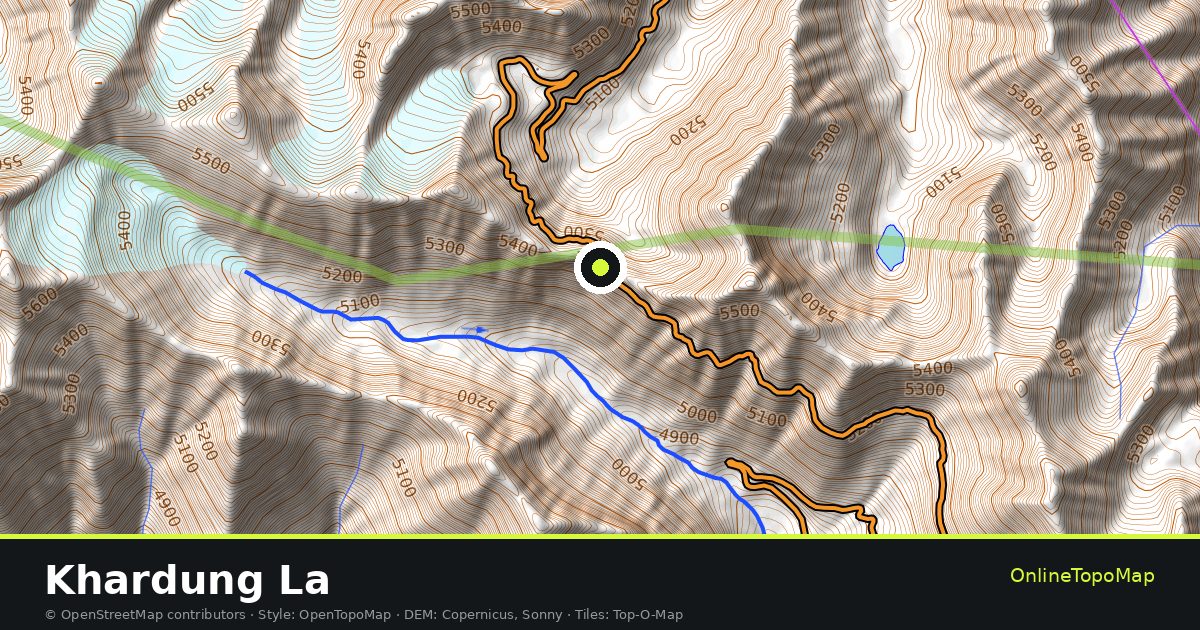 Topographic map of Khardung La with contour lines and hillshading